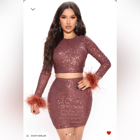 Fashion Nova Love Affair sequin feather sleeve skirt set holiday pink bronze - Picture 1 of 3